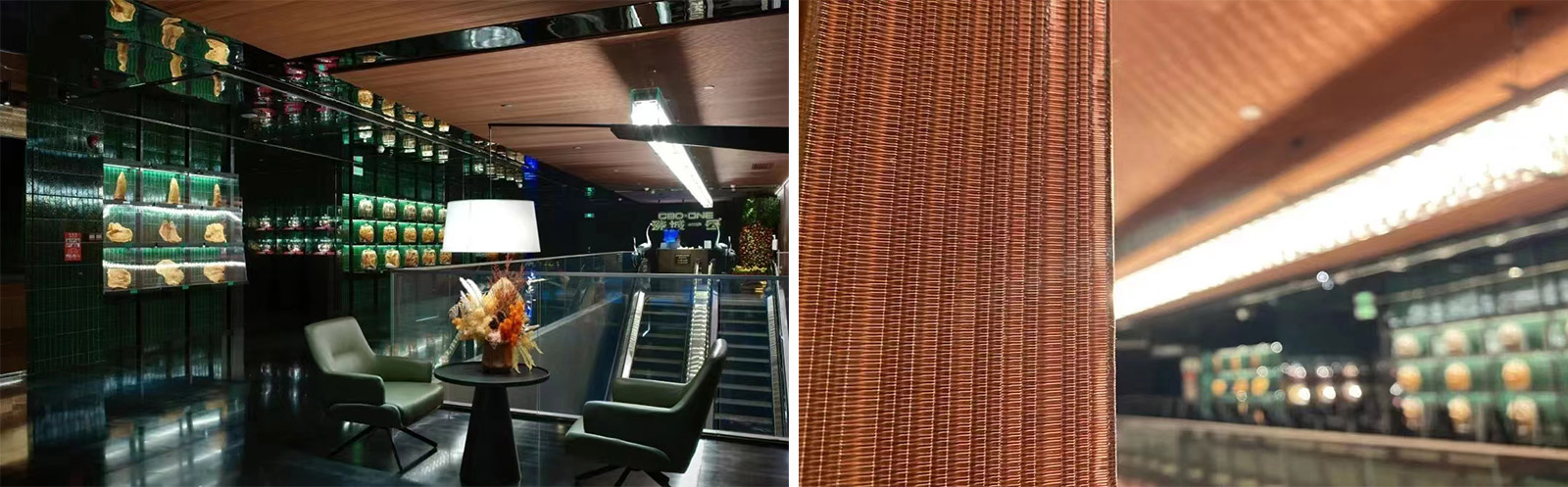 Proper woven metal interior was embellished for ceiling of CBD ·ONE restaurant.